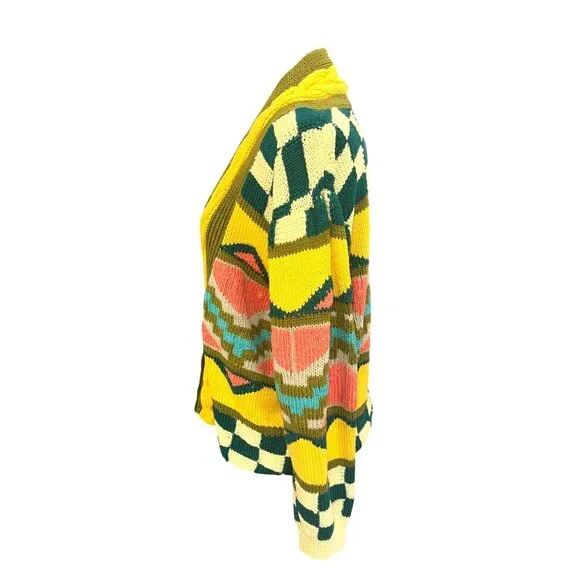 Vintage Handknit Chunky Knit Like Coogi Cardigan Sweater L Cotton Multicolor - Picture 4 of 9